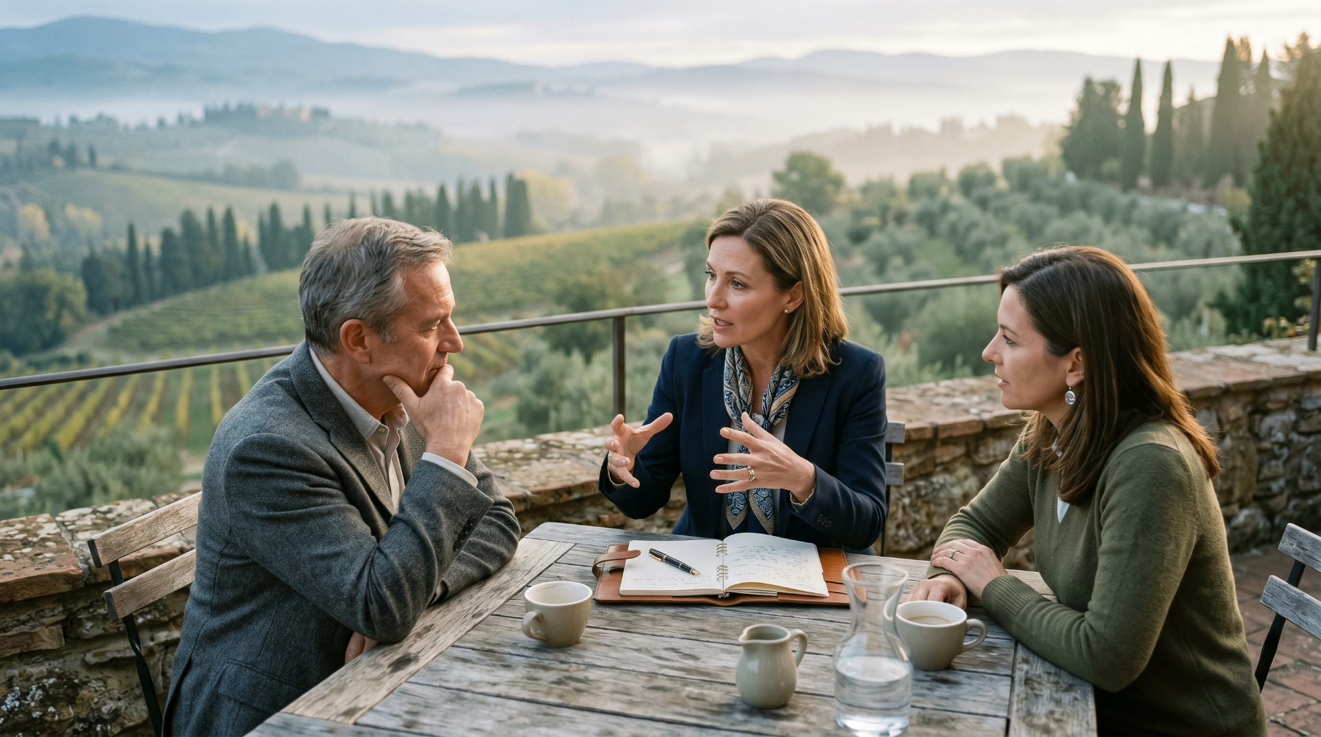 Equipa em reunião numa mesa de madeira com vista para as colinas da Toscana