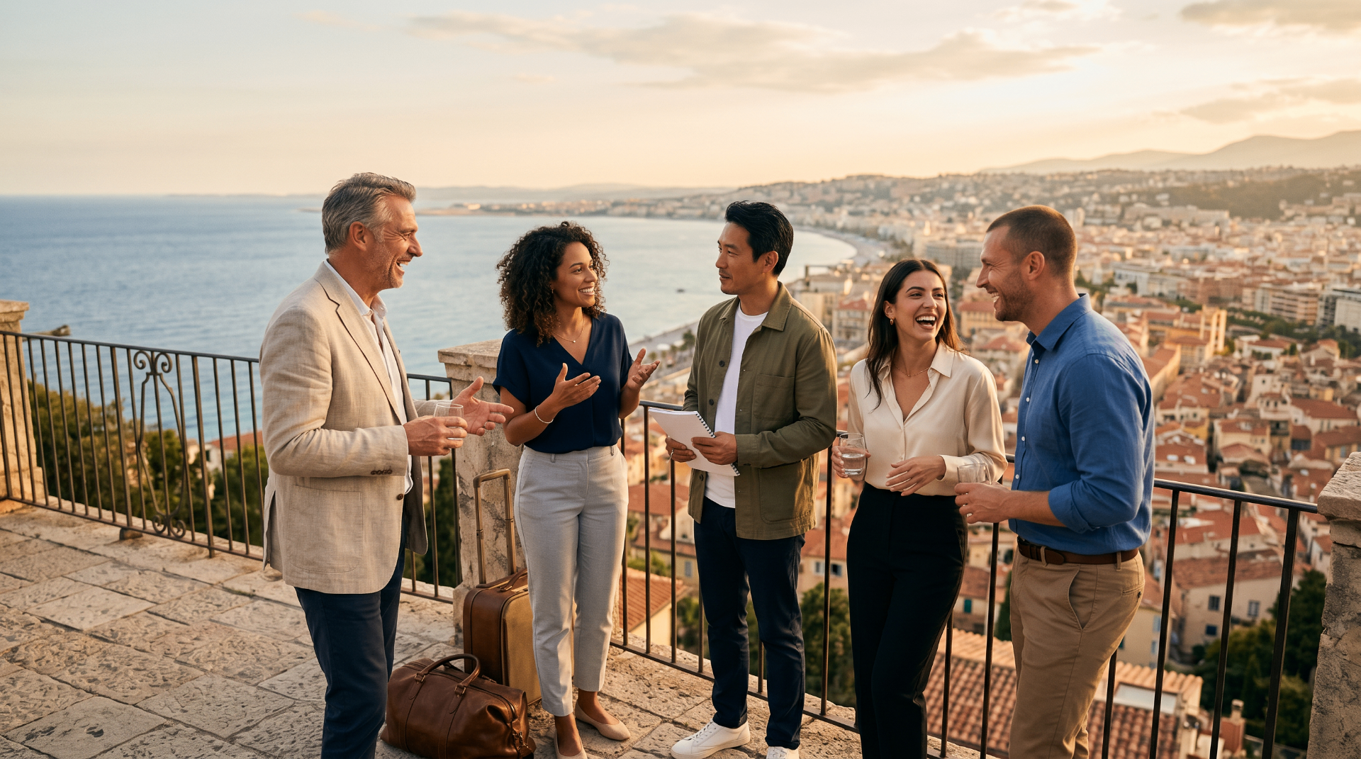 Equipa a conversar num terraço com vista para o mar ao pôr do sol
